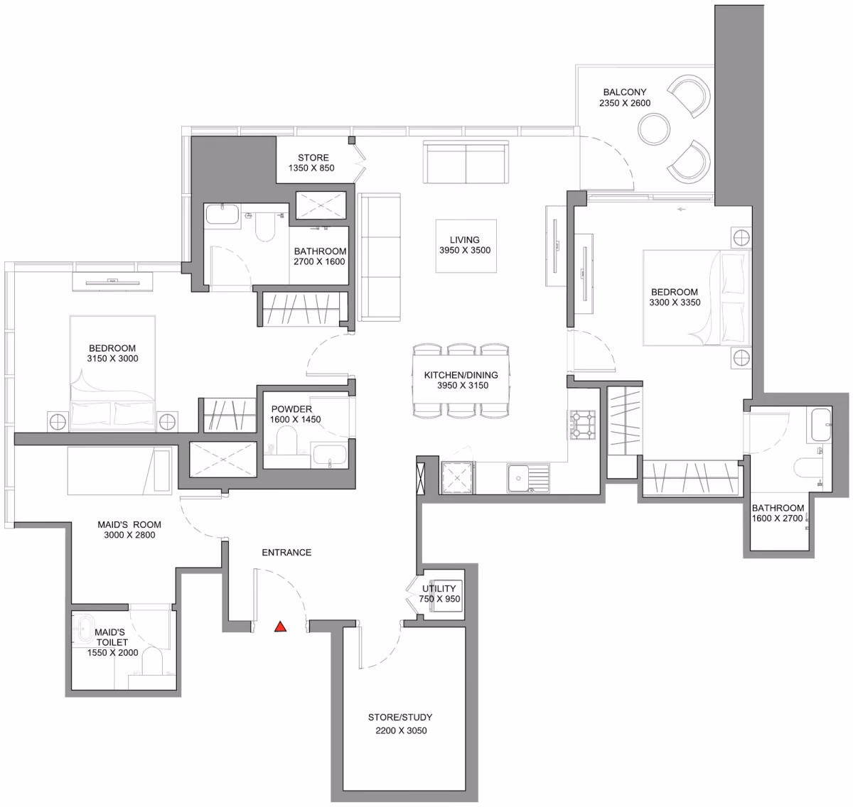 תוכנית 2 חדרי שינה · Type E - Variant 1 ב־נדל"ן להשקעה Sobha Skyscape Avenue, באזור Sobha Hartland 2, דובאי
