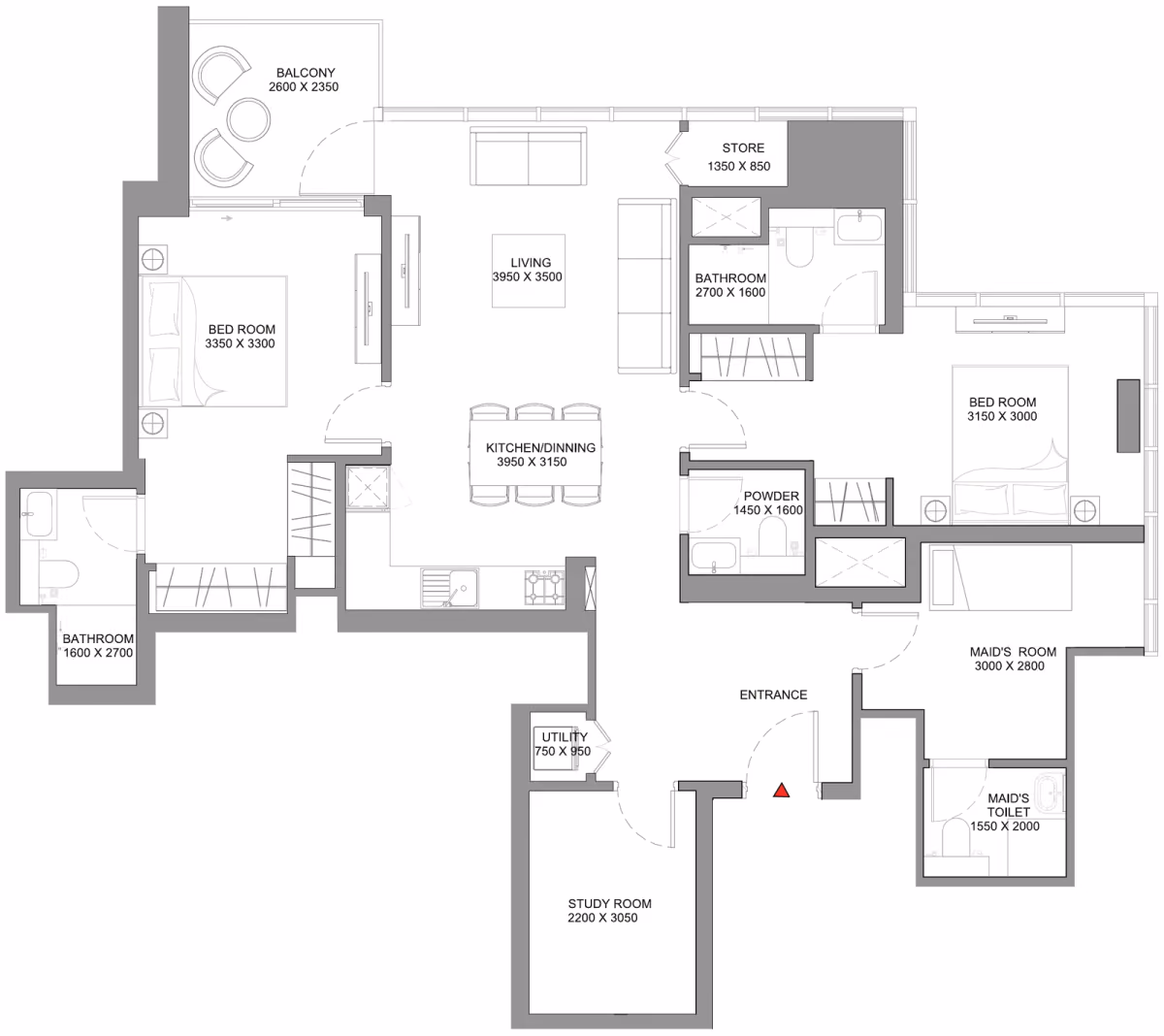 תוכנית 2 חדרי שינה · Type E ב־נדל"ן להשקעה Sobha Skyscape Avenue, באזור Sobha Hartland 2, דובאי