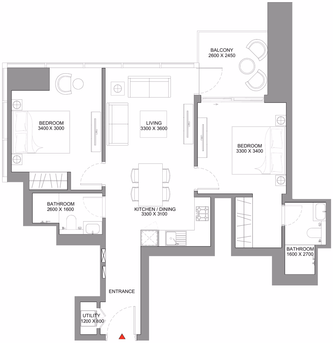 תוכנית 2 חדרי שינה · Type A ב־נדל"ן להשקעה Sobha Skyscape Avenue, באזור Sobha Hartland 2, דובאי