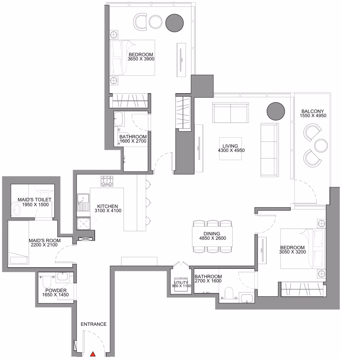 תוכנית 2 חדרי שינה · Type B ב־נדל"ן להשקעה Sobha Skyscape Avenue, באזור Sobha Hartland 2, דובאי