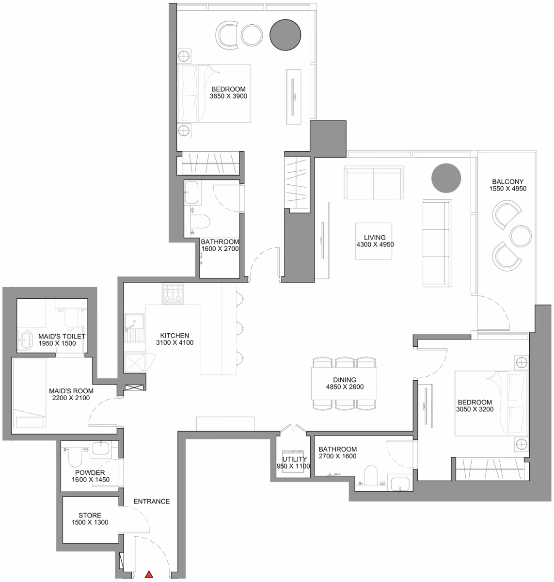 תוכנית 2 חדרי שינה · Type C ב־נדל"ן להשקעה Sobha Skyscape Avenue, באזור Sobha Hartland 2, דובאי