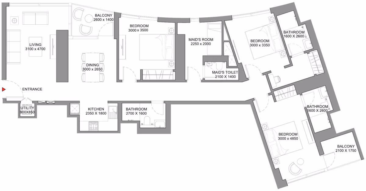 תוכנית 3 חדרי שינה · Type A - Variant 1 ב־נדל"ן להשקעה Sobha Skyscape Avenue, באזור Sobha Hartland 2, דובאי
