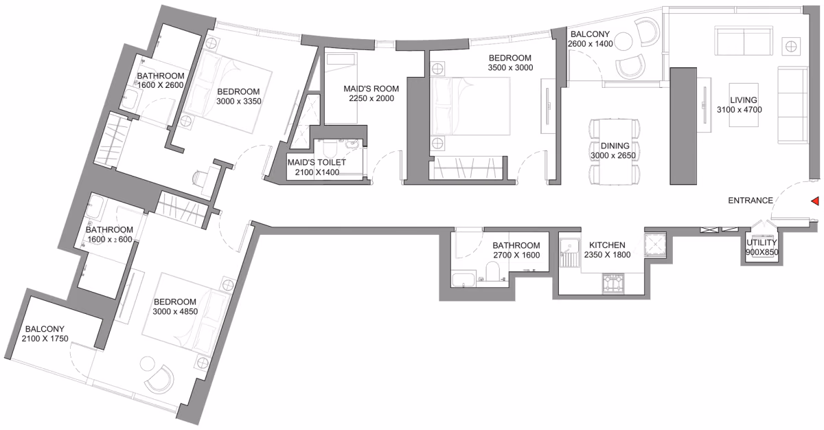תוכנית 3 חדרי שינה · Type A ב־נדל"ן להשקעה Sobha Skyscape Avenue, באזור Sobha Hartland 2, דובאי