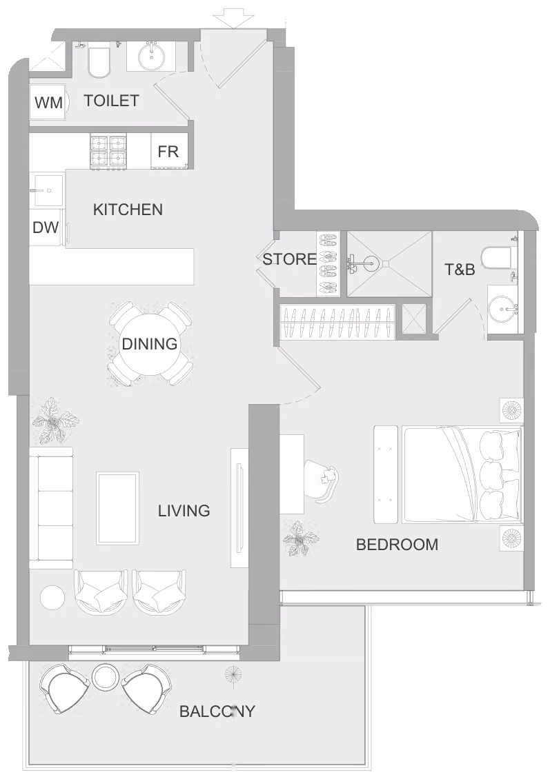 תוכנית חדר שינה אחד · 1BR B ב־נדל"ן להשקעה Object One AUREL1A Residence, באזור Sports City, דובאי
