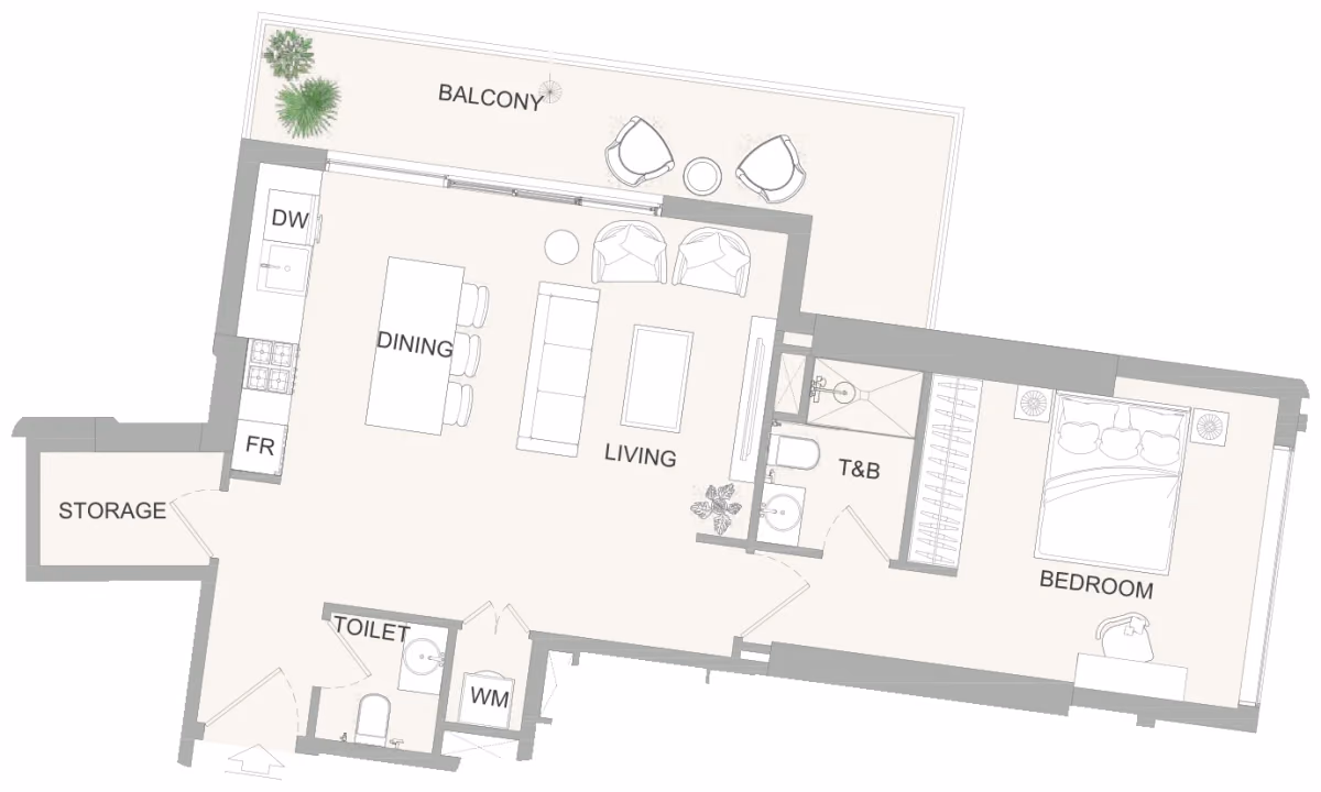 תוכנית חדר שינה אחד · 1BR C ב־נדל"ן להשקעה Object One AUREL1A Residence, באזור Sports City, דובאי