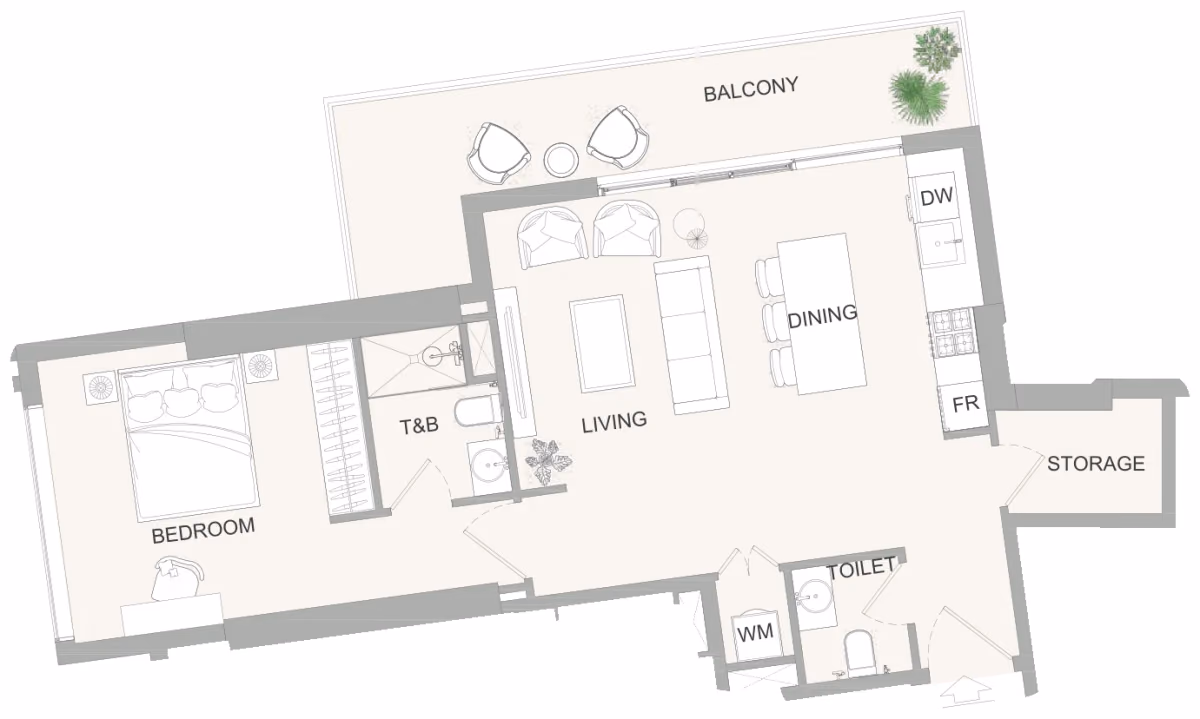 תוכנית חדר שינה אחד · 1BR E ב־נדל"ן להשקעה Object One AUREL1A Residence, באזור Sports City, דובאי