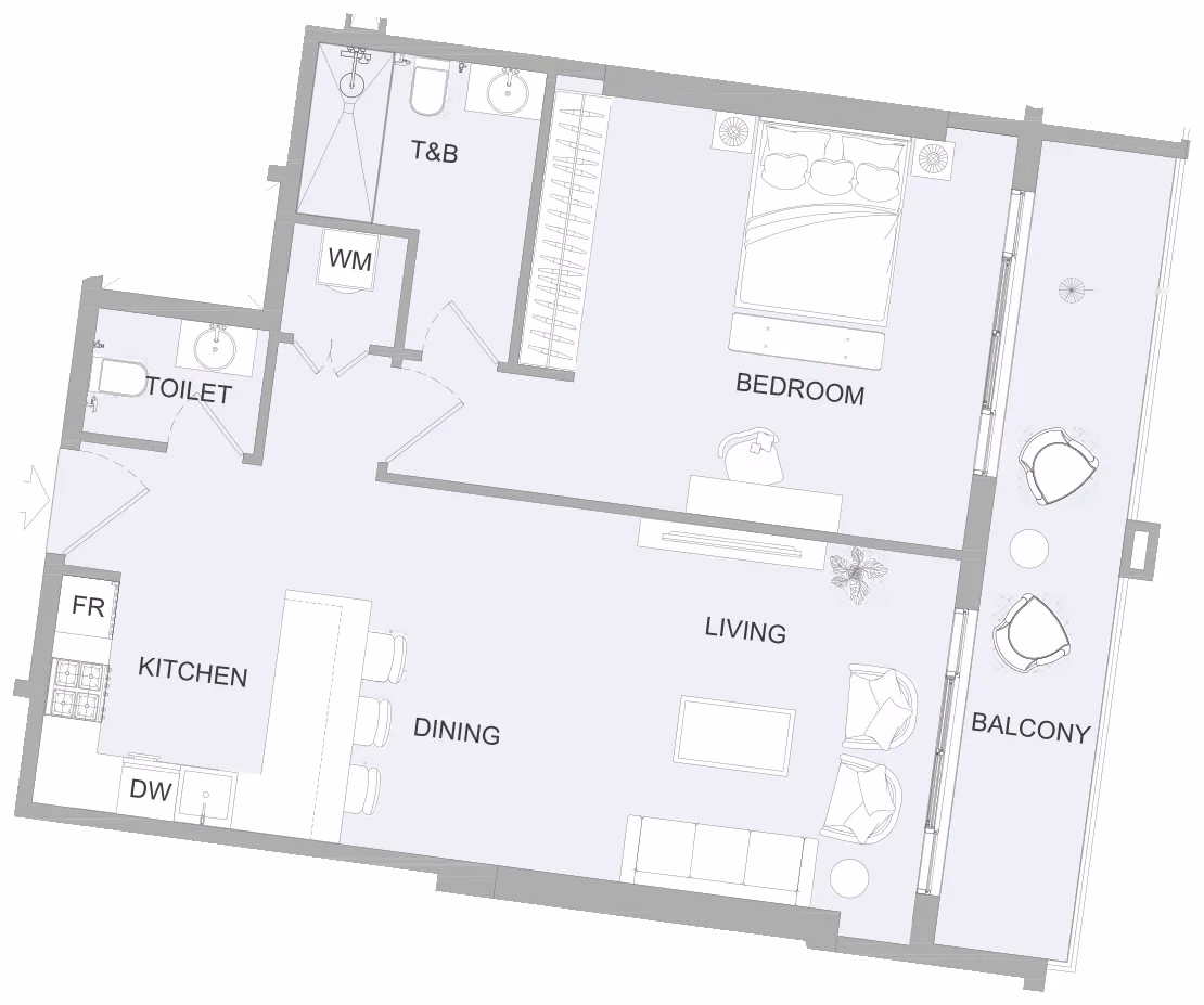 תוכנית חדר שינה אחד · 1BR F ב־נדל"ן להשקעה Object One AUREL1A Residence, באזור Sports City, דובאי