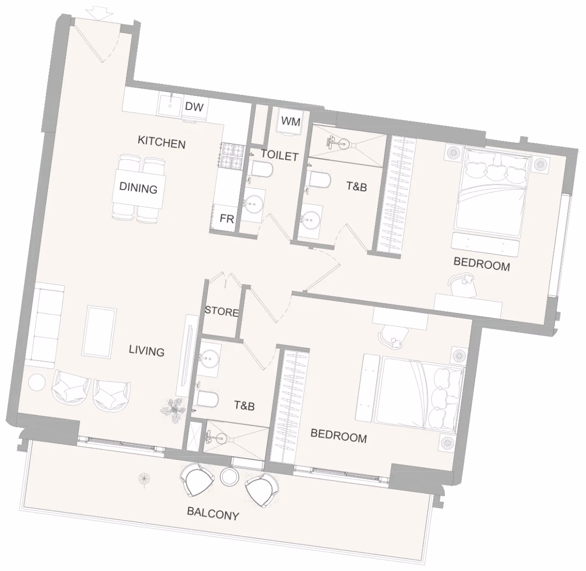 תוכנית 2 חדרי שינה · 2BR E ב־נדל"ן להשקעה Object One AUREL1A Residence, באזור Sports City, דובאי