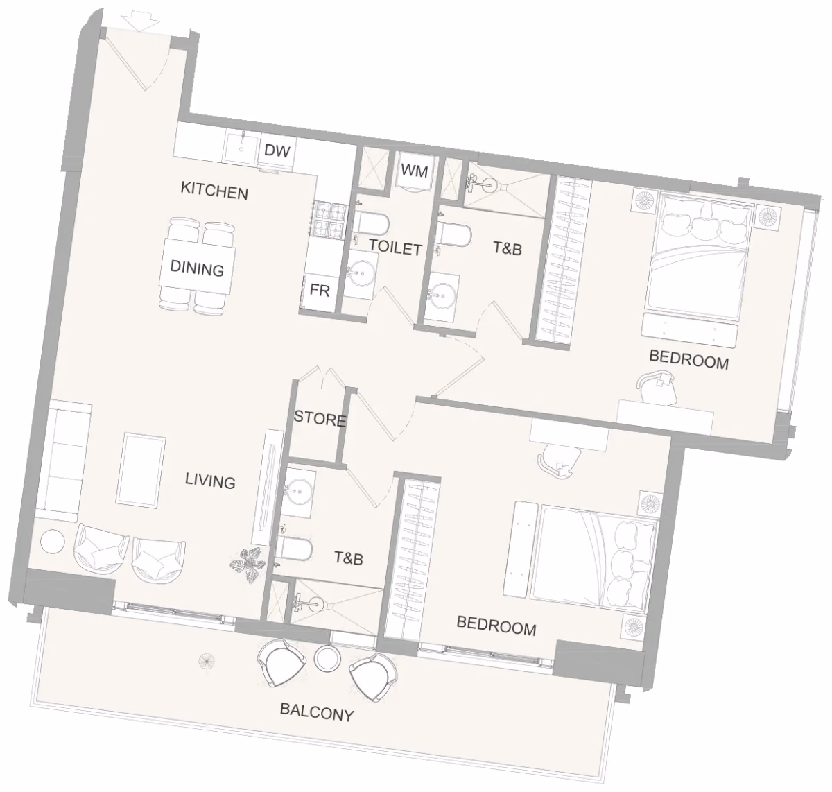 תוכנית 2 חדרי שינה · 2BR E ב־נדל"ן להשקעה Object One AUREL1A Residence, באזור Sports City, דובאי