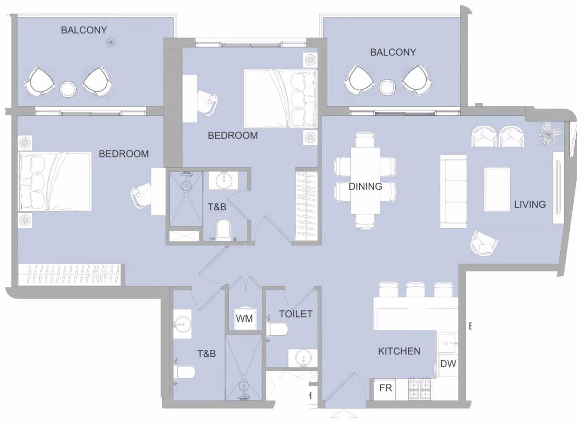 תוכנית 2 חדרי שינה · 2BR K ב־נדל"ן להשקעה Object One AUREL1A Residence, באזור Sports City, דובאי
