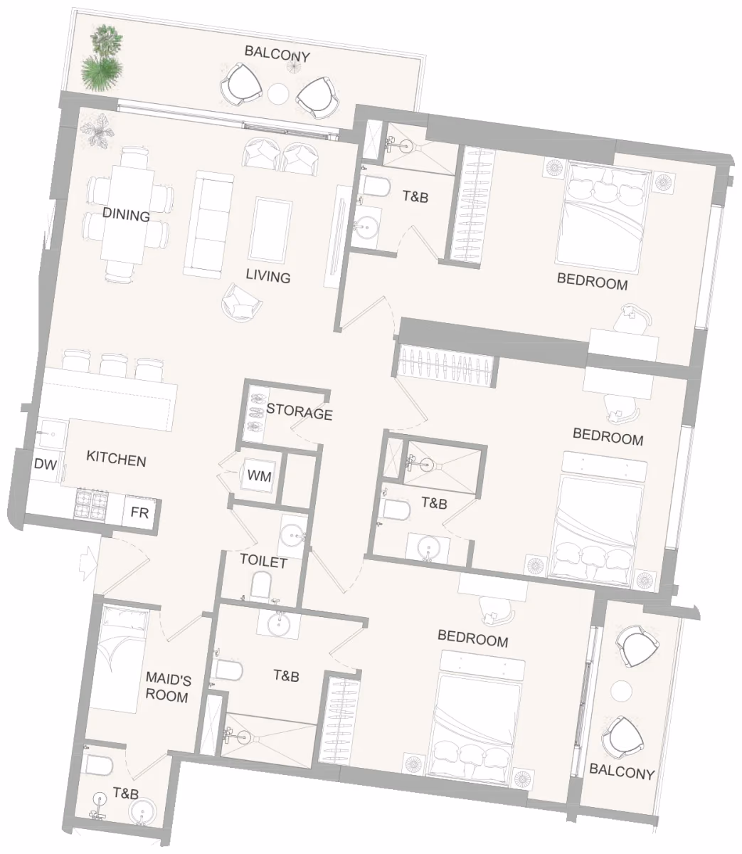 תוכנית 3 חדרי שינה · 3,5BR A ב־נדל"ן להשקעה Object One AUREL1A Residence, באזור Sports City, דובאי