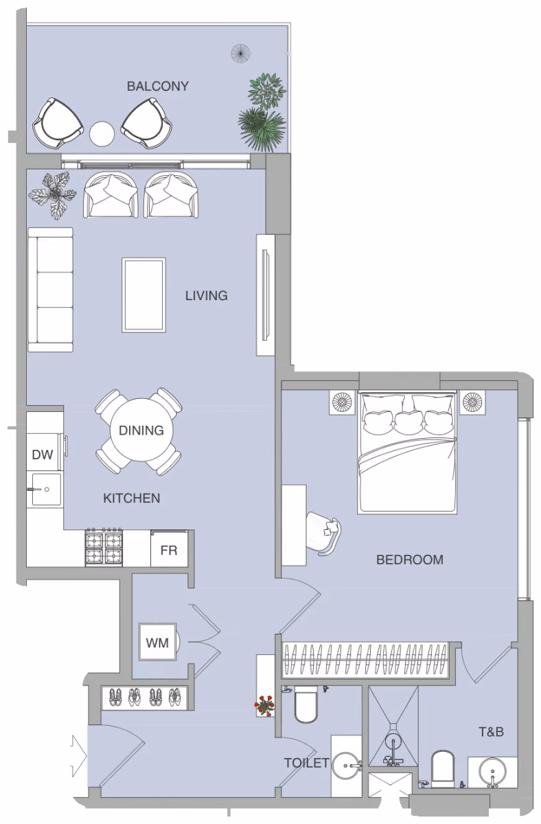 תוכנית חדר שינה אחד · 1BR B ב־נדל"ן להשקעה Object1 Verdan1a, באזור Dubailand, דובאי