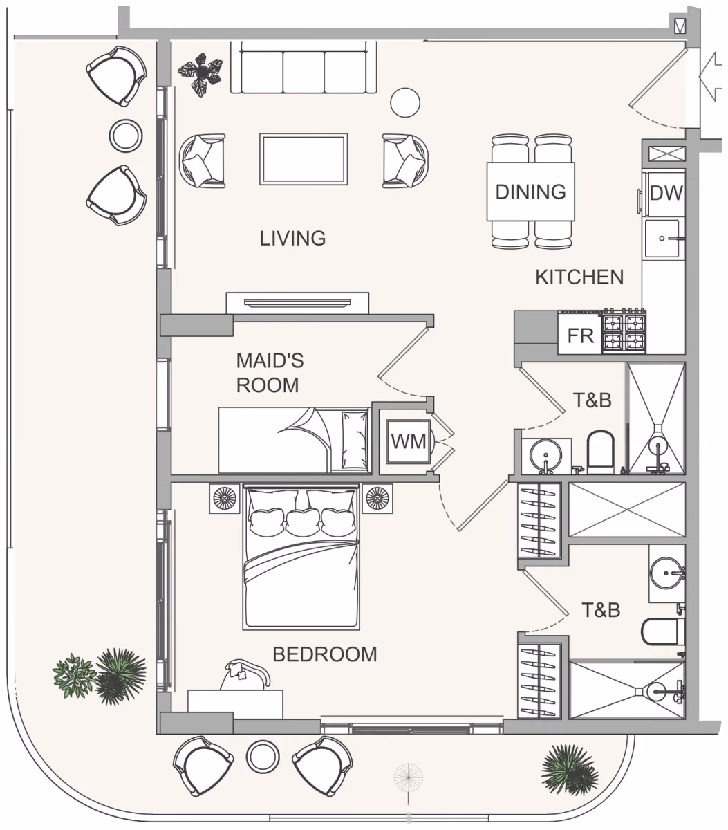 תוכנית חדר שינה אחד · 1,5BR 3 ב־נדל"ן להשקעה Object1 EVERGR1N House 2, באזור Jumeirah Garden City, דובאי