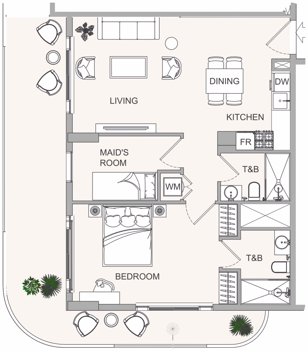 תוכנית חדר שינה אחד · 1,5BR 4 ב־נדל"ן להשקעה Object1 EVERGR1N House 2, באזור Jumeirah Garden City, דובאי