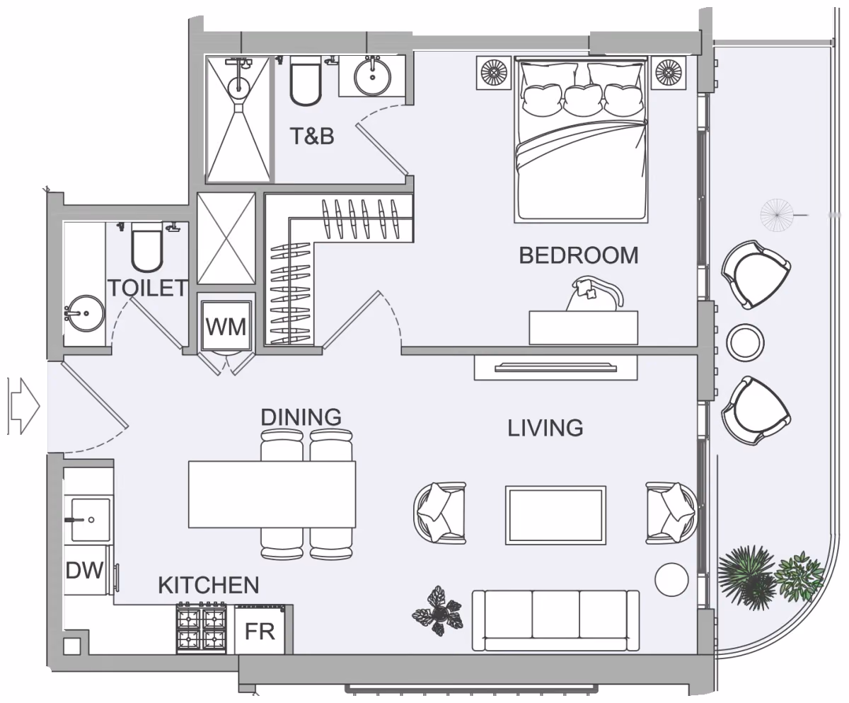 תוכנית חדר שינה אחד · 1BR 2 ב־נדל"ן להשקעה Object1 EVERGR1N House 2, באזור Jumeirah Garden City, דובאי