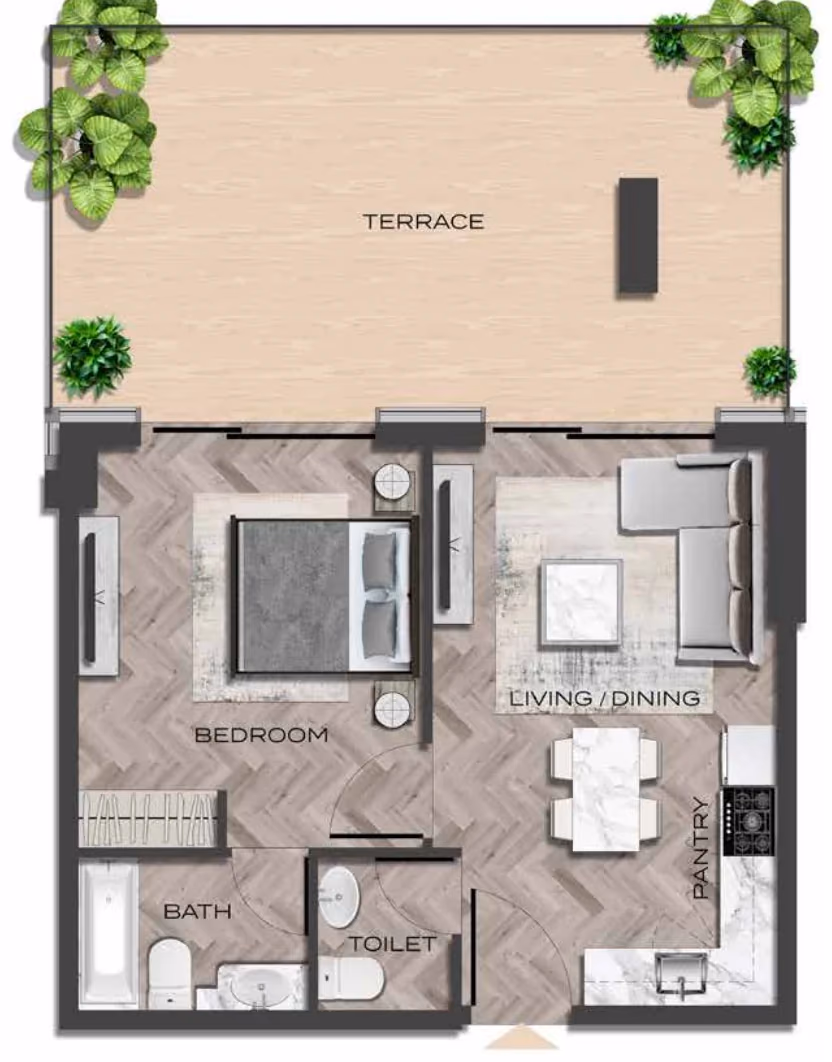 תוכנית חדר שינה אחד · Type 3 ב־נדל"ן להשקעה The Central Uptown, באזור Arjan, דובאי