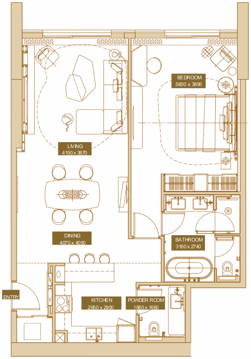 תוכנית חדר שינה אחד · 1 BR Type A ב־נדל"ן להשקעה Sofitel Residences, באזור Za'Abeel Second, דובאי