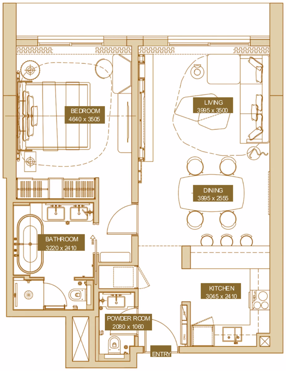 תוכנית חדר שינה אחד · 1 BR Type C ב־נדל"ן להשקעה Sofitel Residences, באזור Za'Abeel Second, דובאי