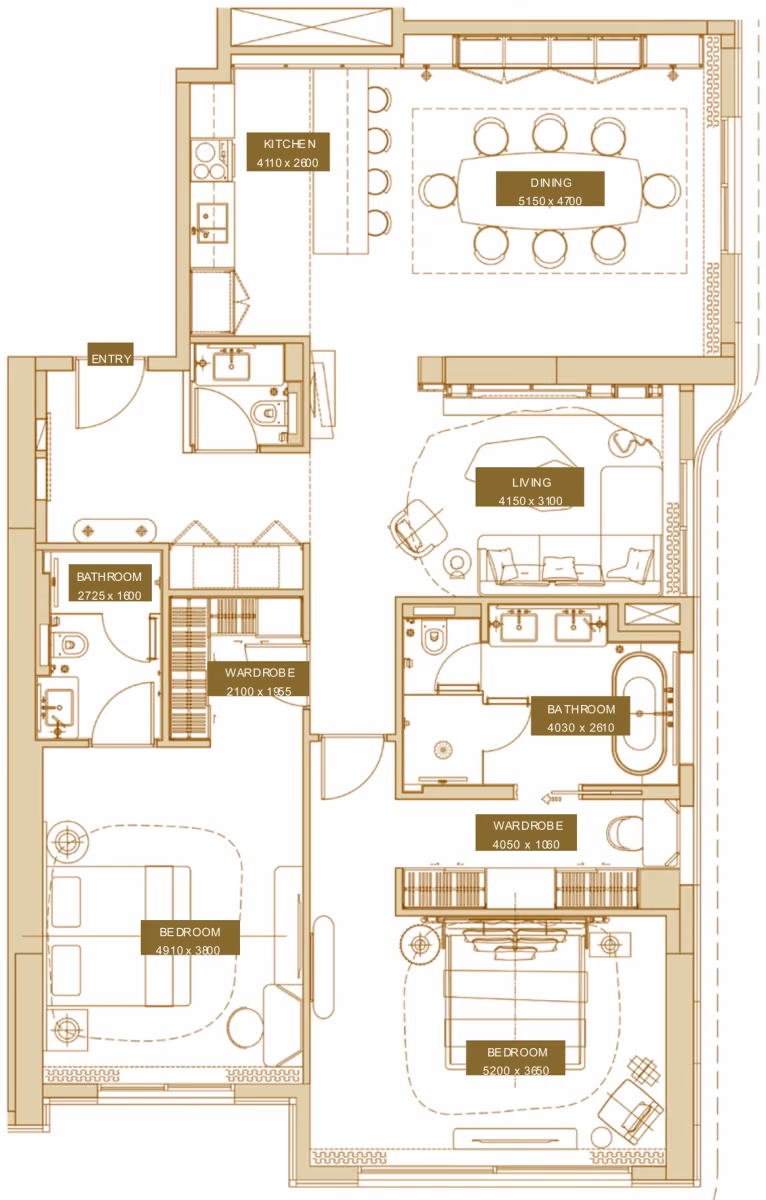 תוכנית 2 חדרי שינה · 2 BR Type D ב־נדל"ן להשקעה Sofitel Residences, באזור Za'Abeel Second, דובאי