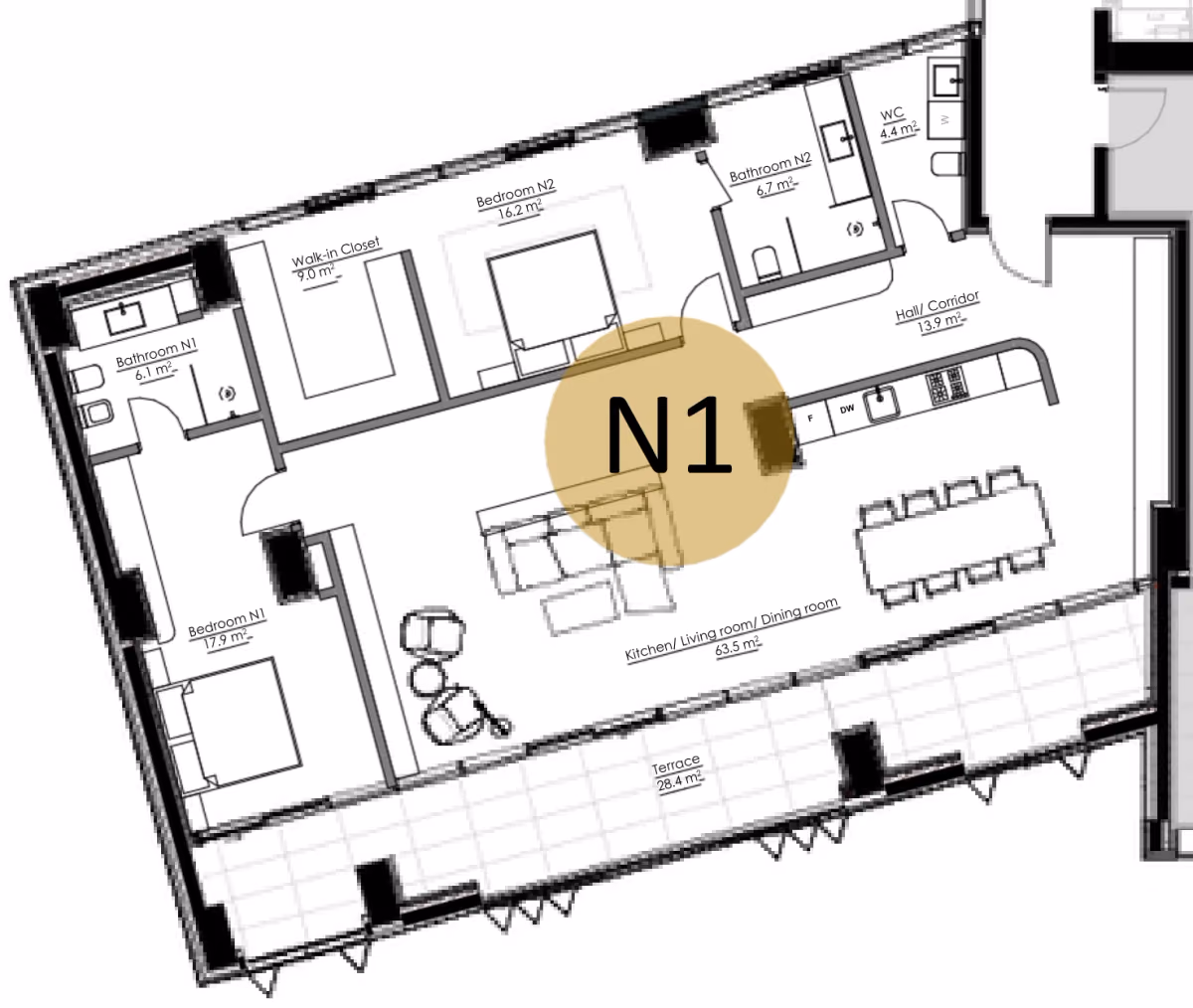 תוכנית 2 חדרי שינה · APT N1, floor 1 ב־King's Garden, טביליסי העתיקה