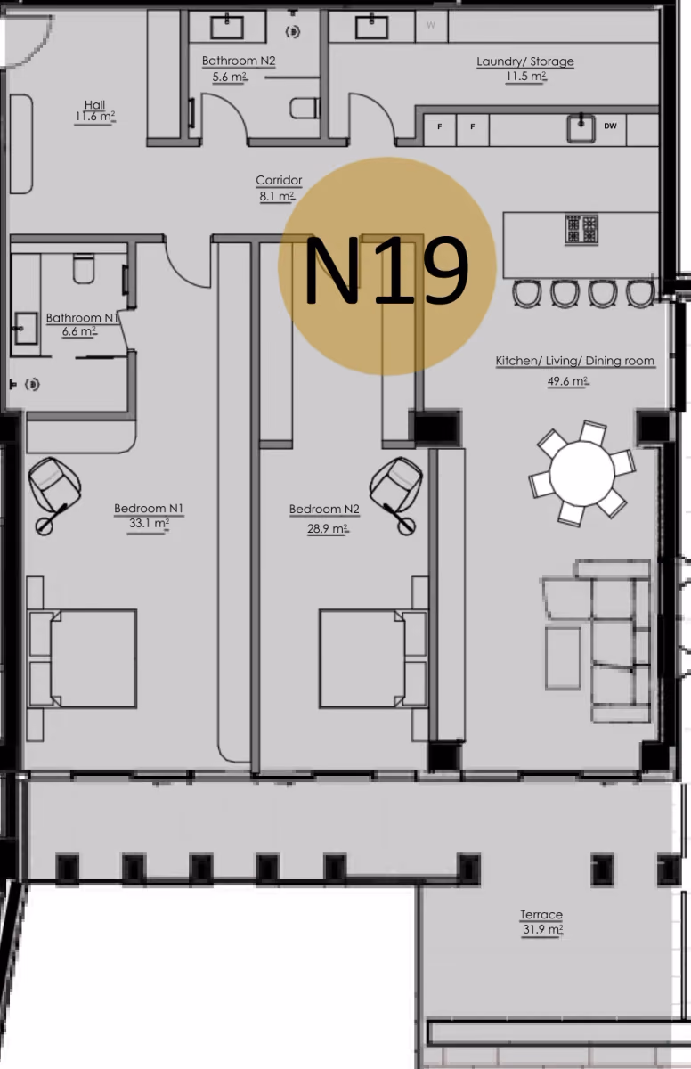 תוכנית 2 חדרי שינה · APT N19, floor 3 ב־King's Garden, טביליסי העתיקה