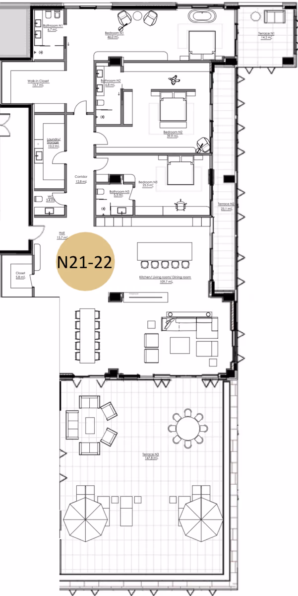 תוכנית 3 חדרי שינה · APT N20-N22, floor 3 ב־King's Garden, טביליסי העתיקה