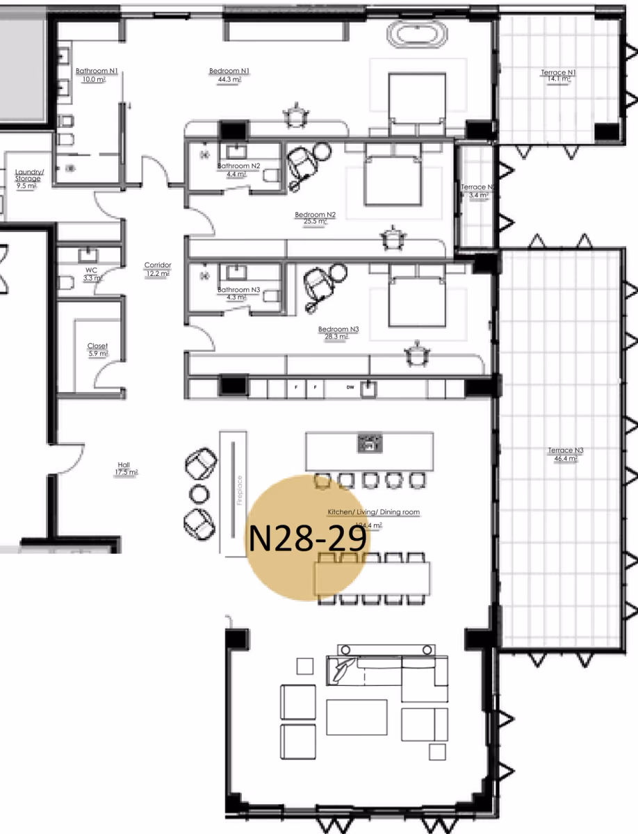 תוכנית 3 חדרי שינה · APT N28-N29, floor 4 ב־King's Garden, טביליסי העתיקה