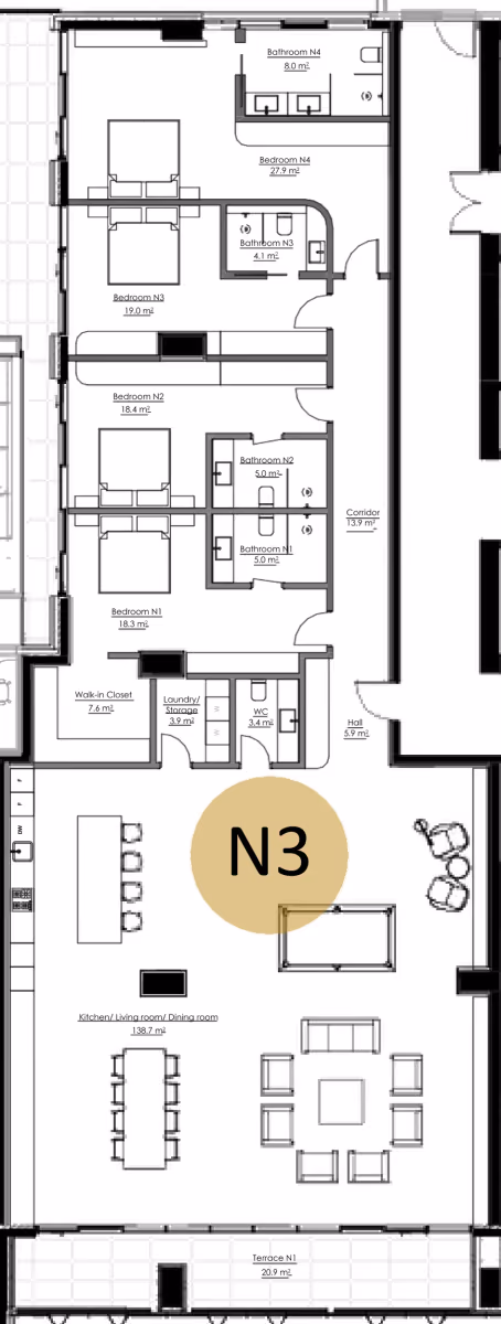 תוכנית 4 חדרי שינה · APT N3, floor 1 ב־King's Garden, טביליסי העתיקה