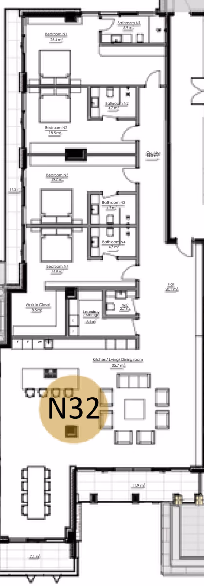 תוכנית 4 חדרי שינה · APT N32, floor 5 ב־King's Garden, טביליסי העתיקה