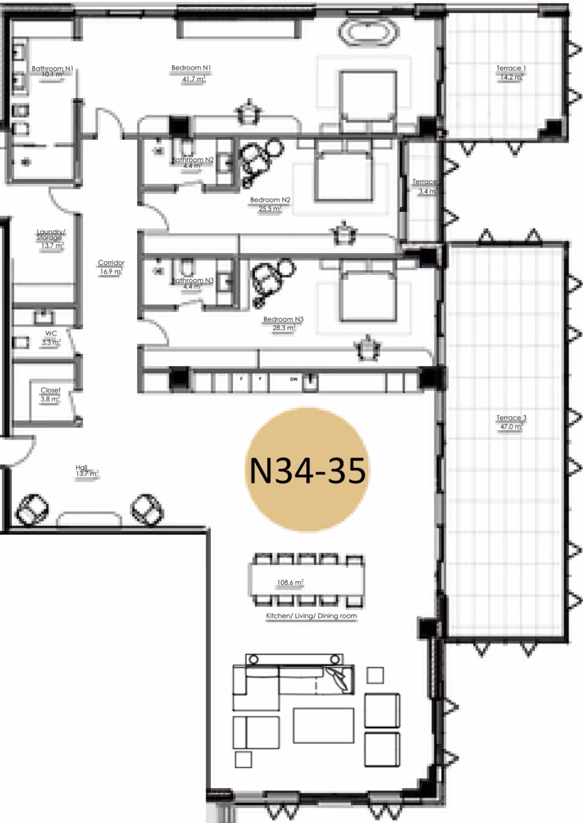 תוכנית 3 חדרי שינה · APT N34-N35, floor 5 ב־King's Garden, טביליסי העתיקה