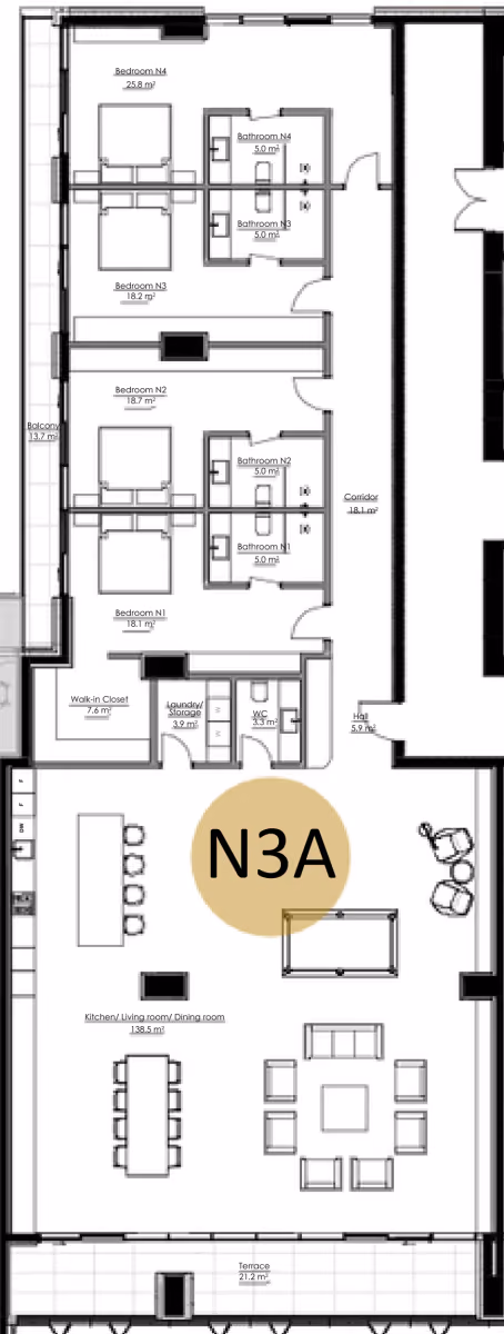 תוכנית 4 חדרי שינה · APT N3A, floor 1M ב־King's Garden, טביליסי העתיקה