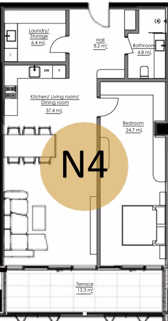תוכנית חדר שינה אחד · APT N4, floor 1 ב־King's Garden, טביליסי העתיקה