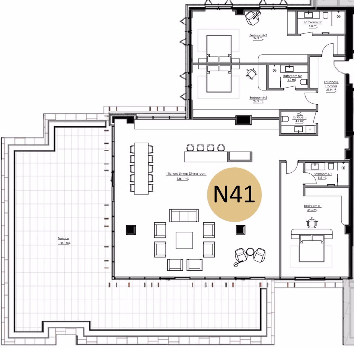 תוכנית 3 חדרי שינה · פנטהאוז · APT N41 Penthouse, floor 7 ב־King's Garden, טביליסי העתיקה