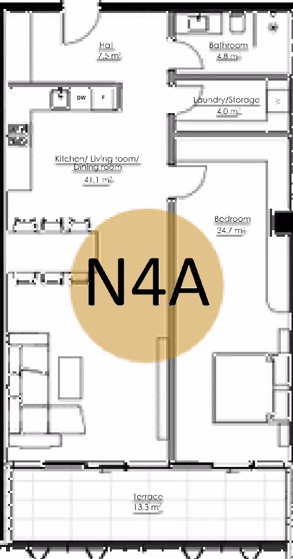 תוכנית חדר שינה אחד · APT N4A, floor 1M ב־King's Garden, טביליסי העתיקה