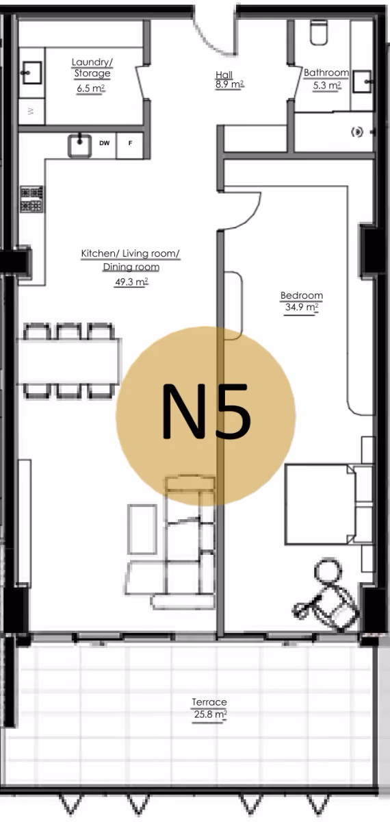 תוכנית חדר שינה אחד · APT N5, floor 1 ב־King's Garden, טביליסי העתיקה