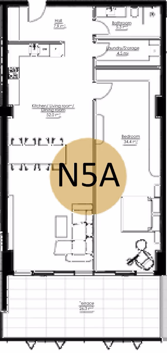 תוכנית חדר שינה אחד · APT N5A, floor 1M ב־King's Garden, טביליסי העתיקה
