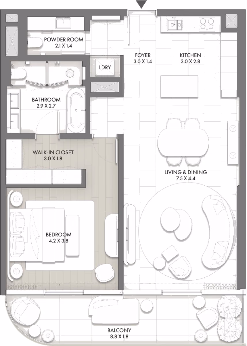 תוכנית חדר שינה אחד · Type B ב־Taraf JW Marriott Residences