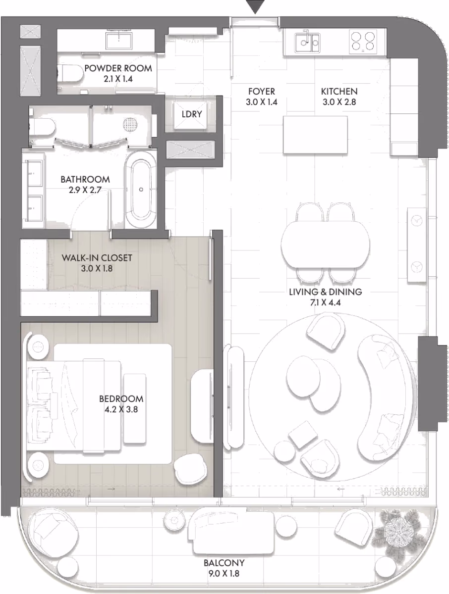 תוכנית חדר שינה אחד · Type D ב־Taraf JW Marriott Residences