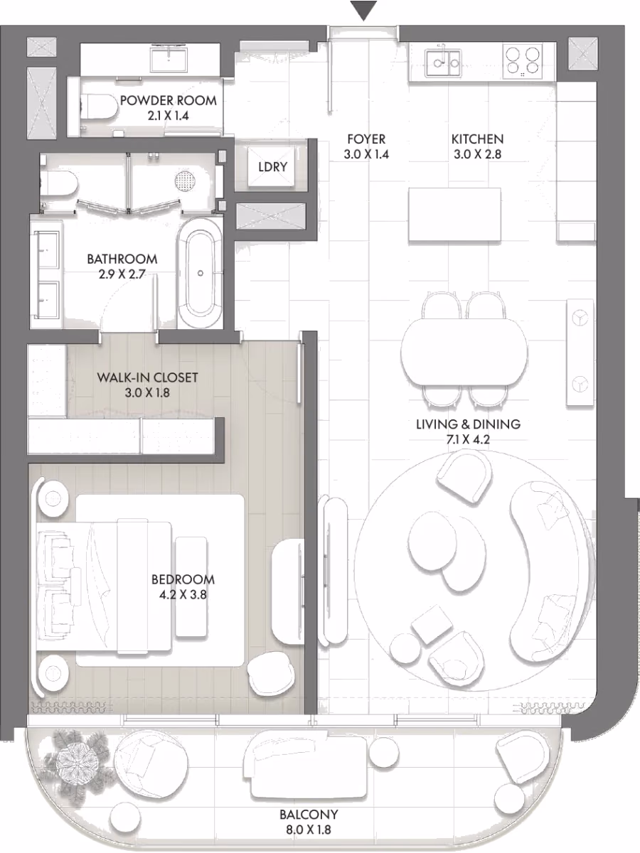 תוכנית חדר שינה אחד · Type E ב־Taraf JW Marriott Residences