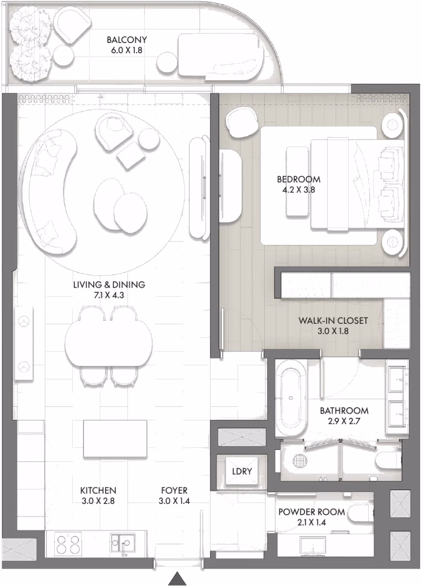 תוכנית חדר שינה אחד · Type F ב־Taraf JW Marriott Residences