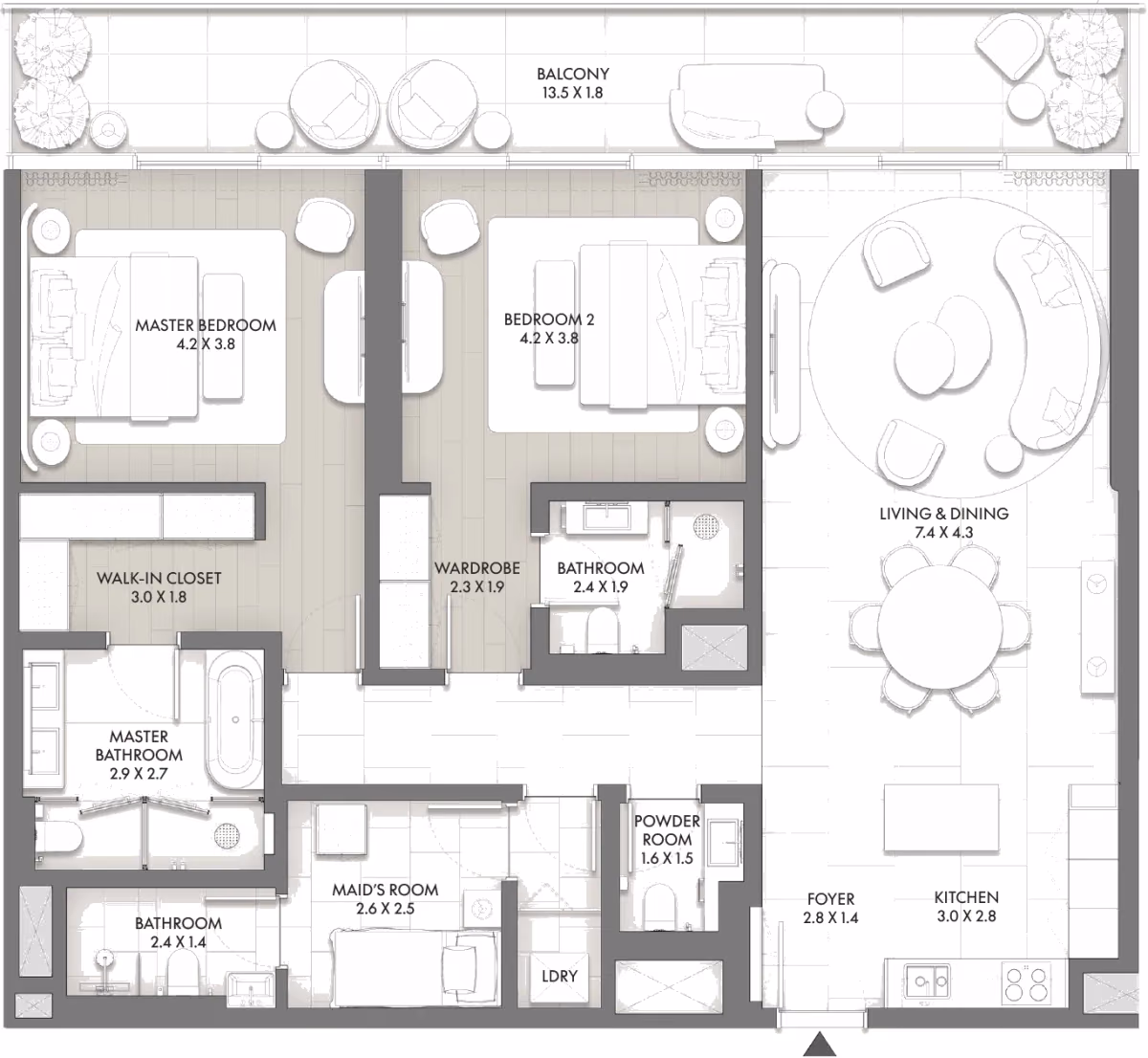 תוכנית 2 חדרי שינה · Type A ב־Taraf JW Marriott Residences