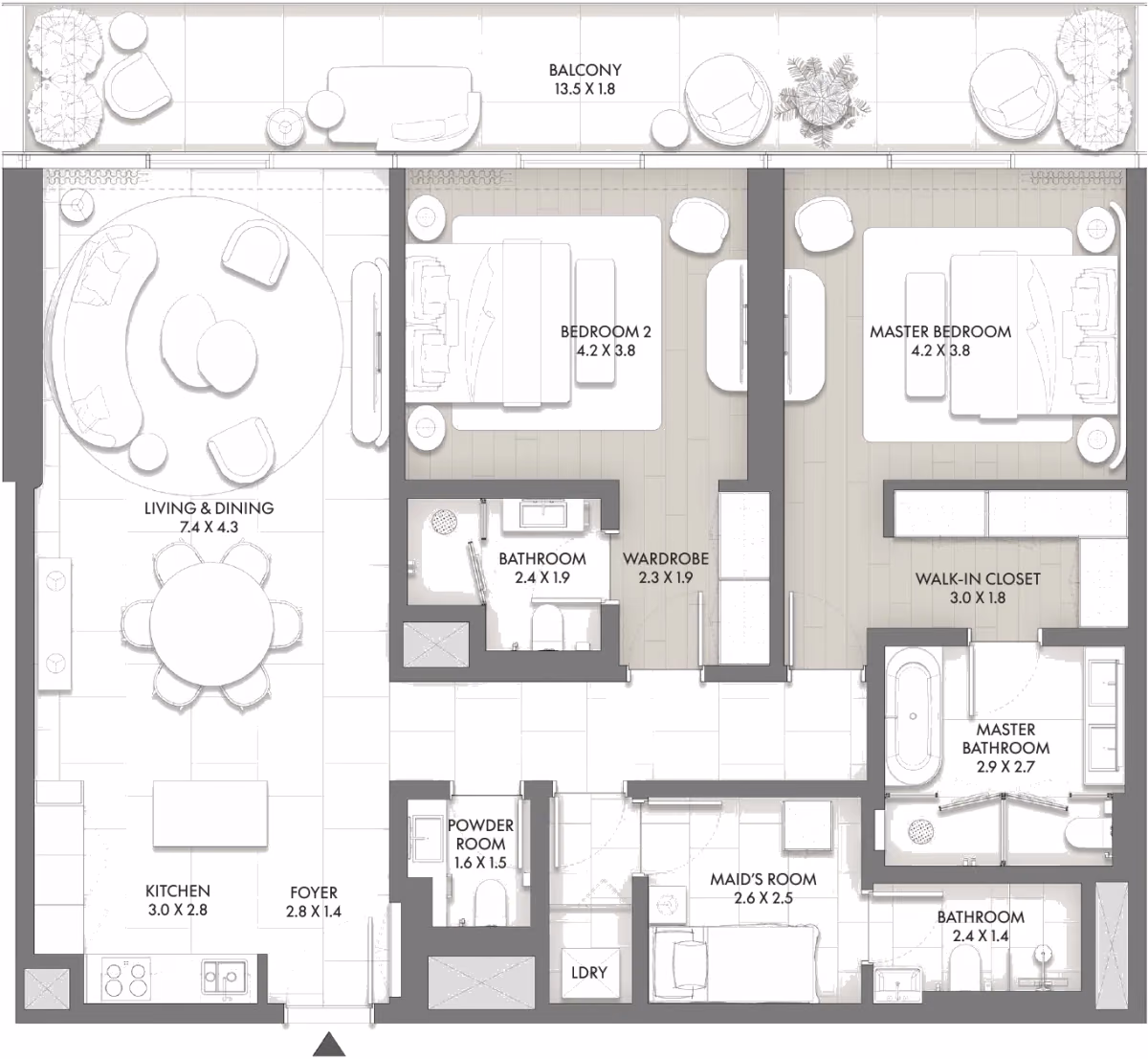 תוכנית 2 חדרי שינה · Type B ב־Taraf JW Marriott Residences