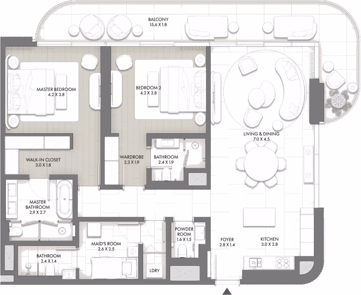 תוכנית 2 חדרי שינה · Type D ב־Taraf JW Marriott Residences