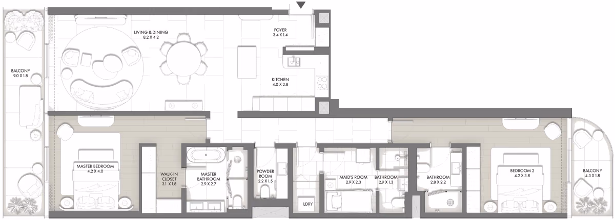 תוכנית 2 חדרי שינה · Type F ב־Taraf JW Marriott Residences