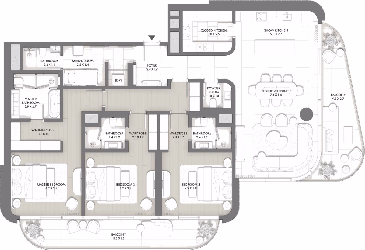 תוכנית 3 חדרי שינה · Type B ב־Taraf JW Marriott Residences