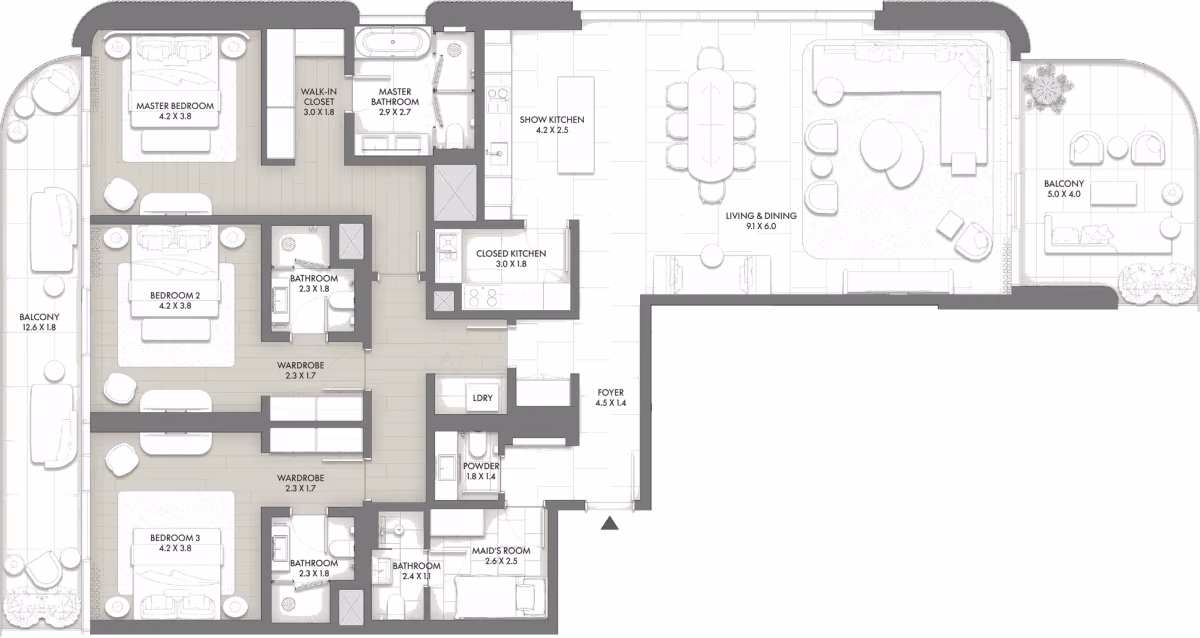 תוכנית 3 חדרי שינה · Type C ב־Taraf JW Marriott Residences