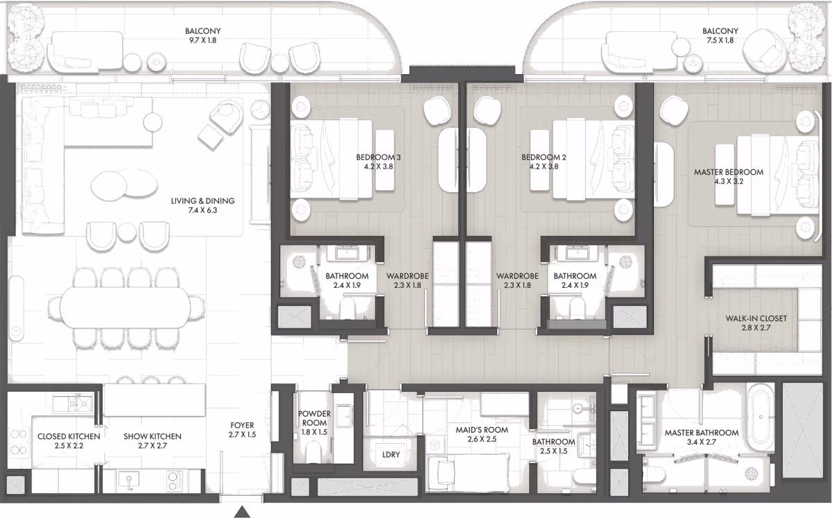 תוכנית 3 חדרי שינה · Type D ב־Taraf JW Marriott Residences