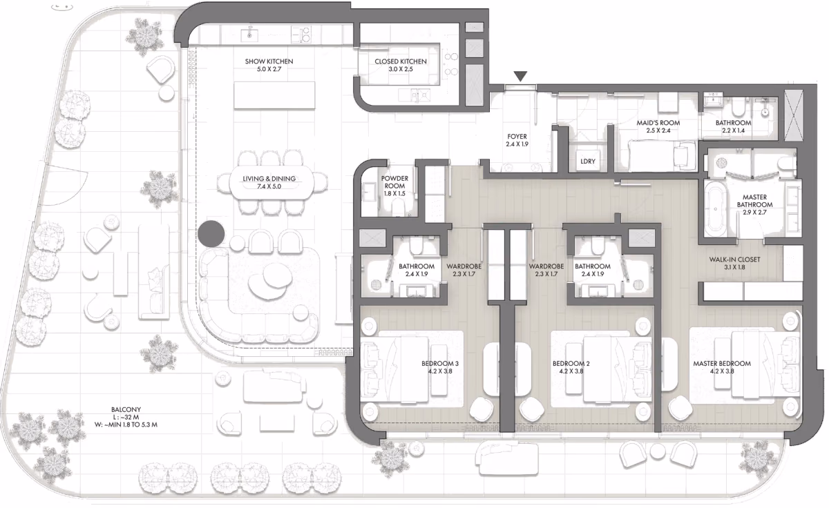 תוכנית 3 חדרי שינה · Type E ב־Taraf JW Marriott Residences