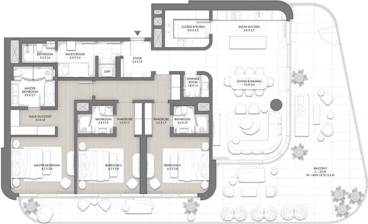 תוכנית 3 חדרי שינה · Type F ב־Taraf JW Marriott Residences