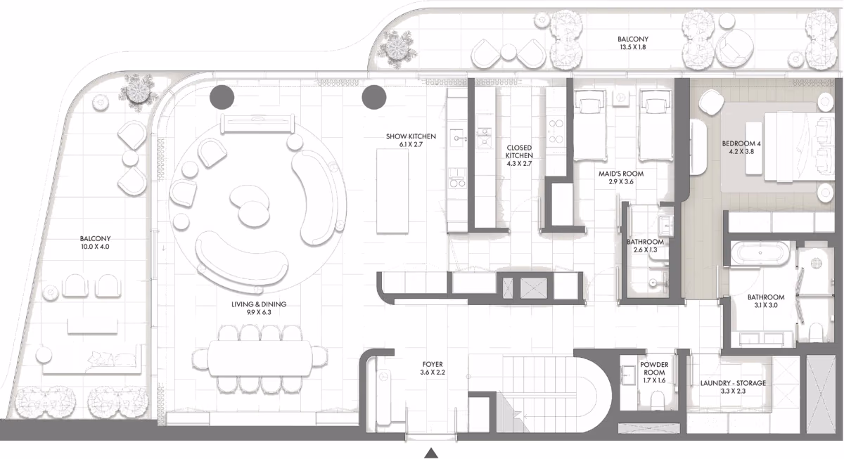 תוכנית 4 חדרי שינה · דופלקס · Duplex Type A ב־Taraf JW Marriott Residences (קומה תחתונה)